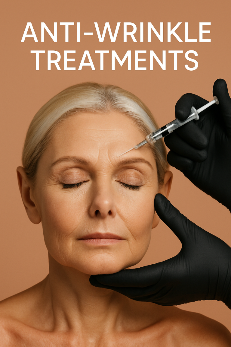 Woman receiving an anti-wrinkle injection, eyes closed, with a gloved hand administering treatment.